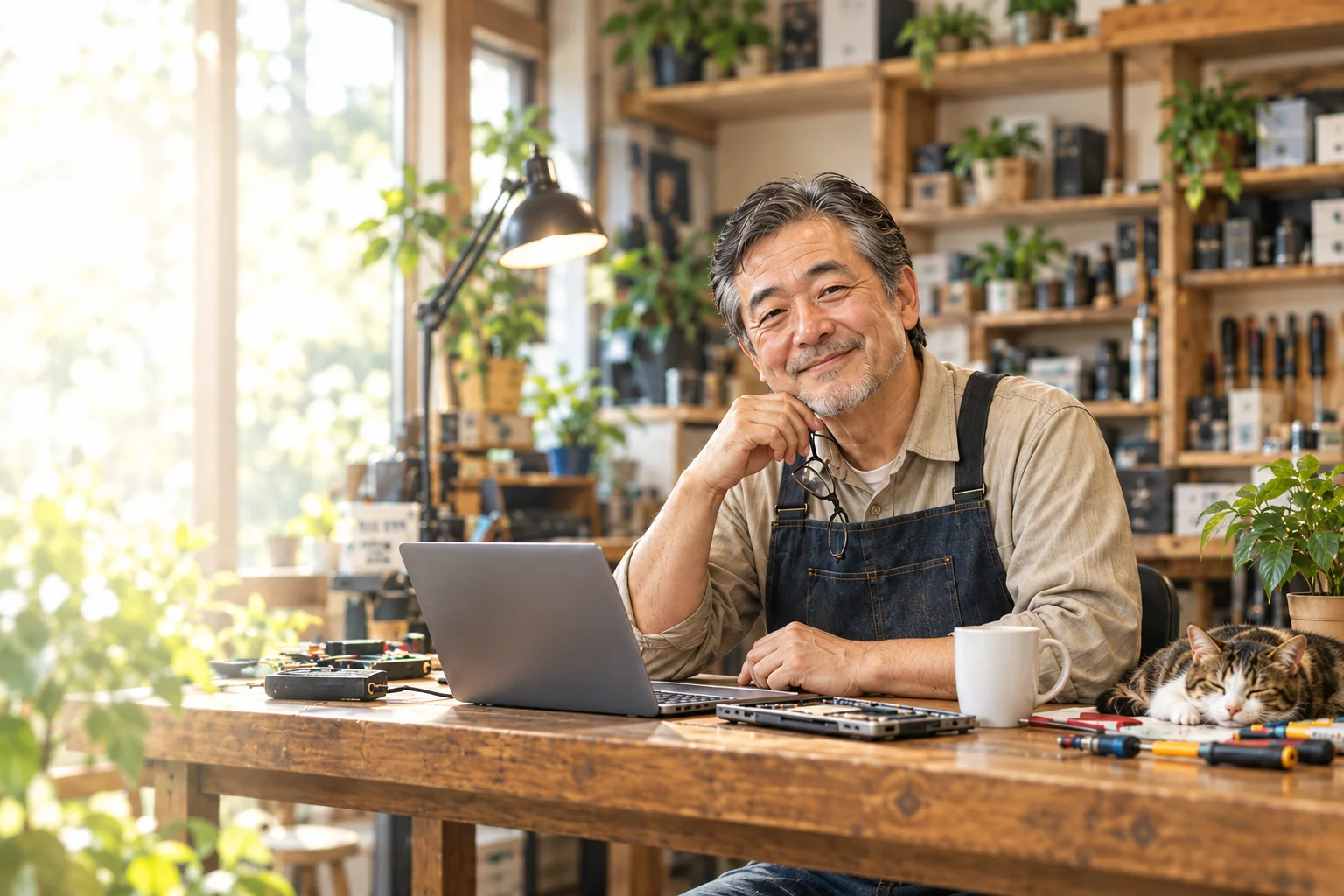 作業机でPCを見守る店主の案内役キャラクターと、そばで眠る猫